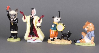 A Royal Doulton figure - Cruella Deville DM1 16cm, 2 Beswick figures - Red Card FF6 no.359/1500 16cm and Mee-Ouch FF2 no.101/1500 12cm and a Royal Doulton Rupert Bear banging on his drum RB17 17cm, all boxed 