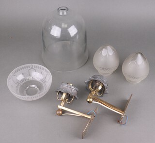 A pair of gilt metal electric wall light brackets 13cm x 16cm together with 2 cut glass shades and 2 other glass shades 