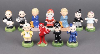Eleven Carlton Ware "Carlton Kids" - Time For Bed 619/1000, Nurse 461/5000, Footballer 136/1000, Bride 281/5000, Groom 191/5000, Footballer 78/1000, Time for Bed 14/1000, Airman 207/5000, Santa Claus Christmas 1998 175/200, Millennium Girl 385/1000 and Mephisto 529/1998, all 11cm,  all boxed and with certificates 