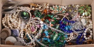A pair of silver gilt hoop earrings and minor costume jewellery and commemorative coins 