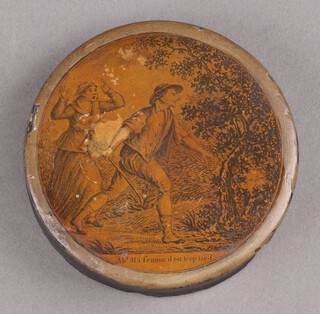 An 18th Century French circular lacquered box decorated a print 3cm x 9cm (a/f)