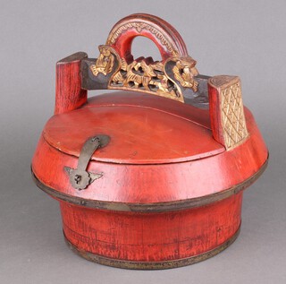 A Chinese circular red lacquered jar and cover 28cm x 30cm 