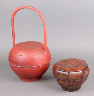 An octagonal Chinese jar and cover decorated standing figure 13cm x 18cm together with a Chinese red lacquered jar and cover 25cm x 25cm 
