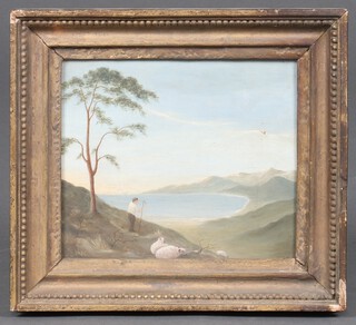 Victorian oil on board, unsigned, a shepherd and sheep looking across a bay, 16cm x 19cm 