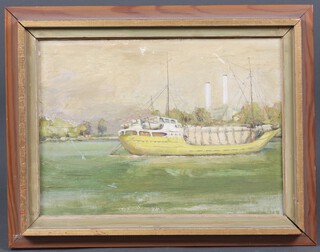 Joyce Spencer, oil on board unsigned, a distant view of Battersea Power Station and moored boat 23cm x 31cm 