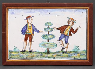 A 20th Century porcelain painted tile depicting 2 men dancing by a tree 18cm x 28cm 
