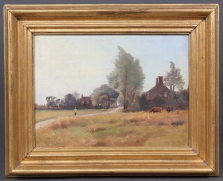 J Rushton, oil on board signed, figure and cattle before farm buildings 25cm x 34cm 