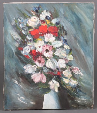20th Century oil on canvas indistinctly signed, still life study of a vase of flowers, unframed, 54cm x 46cm 