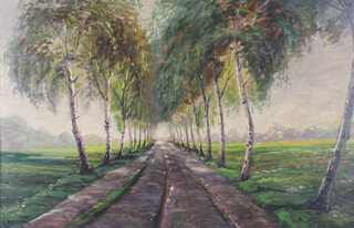 C Hansen, oil on board signed, country road, lined with trees 38cm x 58cm