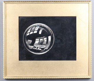 Interior spherical scene, white ink on a black background, unsigned, 22cm x 29cm  