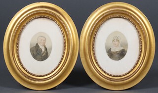 Two 19th Century miniature watercolour portraits of a lady and a gentleman, oval, unsigned, 10cm x 8cm