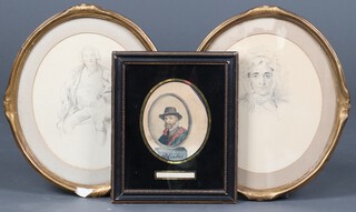A pair of 19th Century pencil studies of a seated gentleman and a lady, oval, 24cm x 22cm, together with 1 other oval miniature portrait of a gentleman in an eglomise mount 
