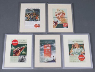 Advertising, 5 Coca Cola advertising pages, 23cm x 17cm, framed 