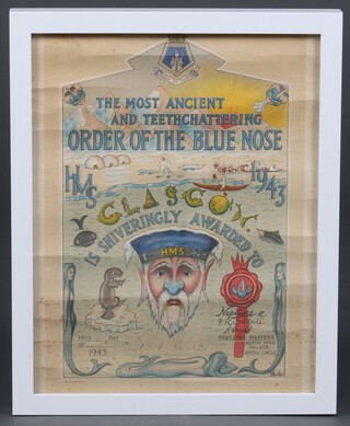 Poster "The Most Ancient and Teeth Chattering Order of The Blue Nose" dated 1943, 34cm x 26cm, framed