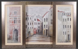 20th Century Continental prints, architectural studies, a pair 78cm x 29cm and a larger ditto 80cm x 58cm 