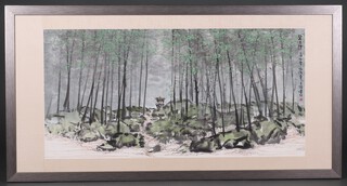 20th Century Japanese watercolour, signed, woodland scene with pagoda 67cm x 136cm 