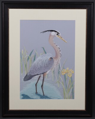 20th Century silk work embroidery of a stork 60cm x 40cm 
