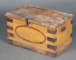 A 19th Century rectangular, painted pine trunk with hinged lid and iron drop handles 36cm h x 64cm w x 38cm d (screw to top)