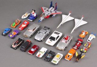 Two Corgi model Concordes, a Corgi OO7 DB5 Aston Martin model car, a Corgi OO7 Lotus Esprit and other model toy cars including Matchbox 