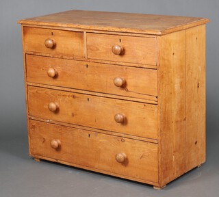 A 19th Century pine chest of 2 short and 3 long drawers with replacement handles 93cm h x 108cm w x 55cm d (split to top)