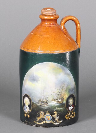 A stoneware flagon and stopper, later painted with a maritime battle scene 40cm 