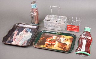 Advertising, Coca Cola, a bottle shaped tin, a bottle rack, bottle holder, 2 trays and a wall thermometer 