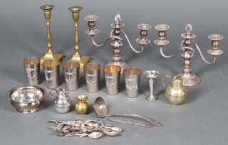 A pair of silver pated 3 light candelabrum and other items of plated wares 