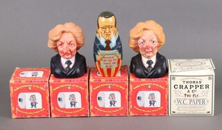 Two Spitting Image Productions Margaret Thatcher dog chews, 4 boxed rolls of Gordon Brown toilet paper, a Thomas Crapper ditto and a Russian wooden Bushki nest of dolls 