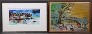 Rob Hain, coloured print harbour scene with houses signed in pencil and 1 other picture 