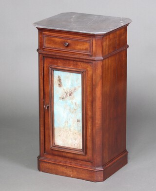 A 19th Century Continental mahogany bedside cabinet with grey veined marble top, fitted a drawer above a panelled door 76cm h x 40cm w x 37cm d  