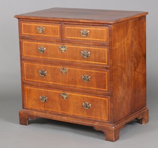 An 18th Century Queen Anne style walnut chest with quarter veneered top, fitted 2 short and 3 long drawers, raised on bracket feet 90cm h x 90cm w x 55cm d 