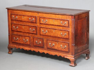 A Georgian oak crossbanded mule chest fitted 1 short and 2 long drawers, raised on bracket feet 88cm h x 147cm ww x 55cm d 