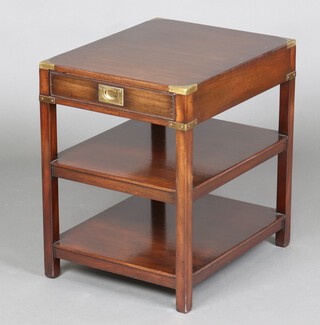A 19th Century style rectangular mahogany and brass banded 3 tier lamp table, fitted a frieze drawer, raised on square supports 61cm h x 46cm w x 56cm d 