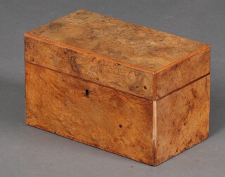 A Victorian rectangular bleached walnut tea caddy with hinged lid and an associated moulded mixing bowl 15cm h x 25cm w x 13cm d 