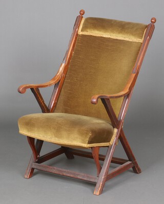 An Edwardian mahogany open arm chair, the seat and back upholstered in green material 94cm h x 53cm w x 53cm d (seat 26cm x 28cm) 