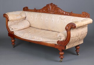 A William IV carved mahogany show frame sofa upholstered in yellow material, raised on turned supports 102cm h x 210 cm w x 59cm d (seat 112cm x 40cm d)