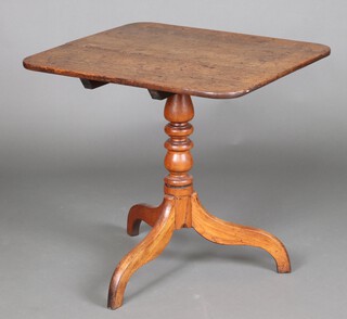 An 18th Century rectangular elm and mahogany snap top tea table, raised on a turned column and tripod base 73cm h x 70cm w x 66cm d 
