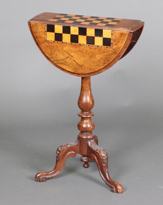 A Victorian inlaid walnut oval drop flap pedestal table, the top inlaid a chess table and fitted 2 drawers, raised on a bulbous turned support with carved tripod base 70cm h x 56cm w x 47cm d 