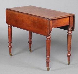 A 19th Century mahogany Pembroke table fitted a drawer, raised on turned supports with brass caps and casters 71cm h x 91cm w x 44cm d 