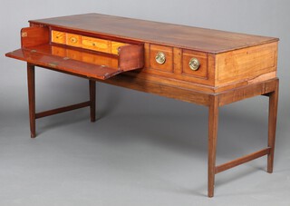John Broadwood and Sons, a Georgian inlaid mahogany rectangular square piano case converted for use as a secretaire sideboard, the fall front revealing 1 long and 4 short drawers, flanked by 3 short drawers, the centre drawer marked John Broadwood, Great Pultemy Street, London, 1804, 83cm h x 163cm w x 60cm d 