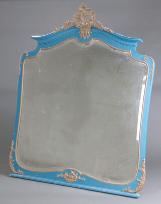 A 19th Century Continental arch shaped bevelled plate wall mirror contained in a blue and gilt painted frame with gilt metal shell shaped crest and corner pieces 168cm h x 140cm w 
