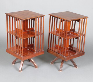 A near pair of Edwardian square inlaid mahogany and crossbanded 2 tier revolving bookcases 75cm h x 38cm w x 37cm d 