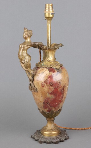 A polished granite and ormolu table lamp in the form of a ewer with mythical female beast handle 33cm x 14cm 