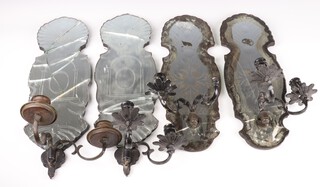 Two pairs of etched and cut glass of Venetian style cut glass mirrored twin wall light brackets with associated twin light metal candle sconces and 1 other twin light candle sconces 46cm h x 15cm w