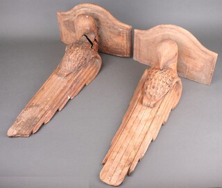 A pair of 19th Century carved and bleached wall brackets of serpentine outline supported by parrots 57cm h x 32cm w x 21cm d 