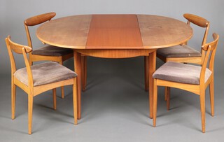 A Greaves and Thomas mid-century teak extending circular dining table  74cm h x 137cm w x 96cm when closed x 142cm l when extended,  together with 4 associated chairs with concave back rests, the seats upholstered in brown cloth  