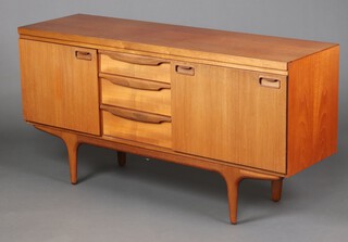 A Greaves and Thomas mid-century teak sideboard, the central 3 drawers with curl lip handles flanked by cupboards with oblong recessed handles, the left cupboard fitted shelves, the right fall front cupboard fitted a drink shelf, raised on tapering supports 77.5cm h x 152cm w x 45cm d 