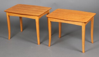 A pair of mid-century beech and maple finished side tables with 1940's Utility Furniture Scheme Mark to the underside stating 240F201, raised on splayed supports  43cm h x 57cm w x 41cm d 