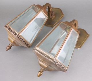 An impressive pair of hexagonal pressed gilt metal and glass external wall lights in the form of coaching lamps 46cm x 26cm 