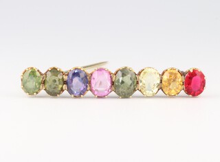 An Edwardian yellow gold, testing as 14ct, 8 jewelled bar brooch, 70mm, 45 grams, boxed